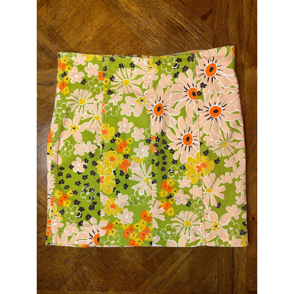 Free People Mini Skirt Green 70s Floral Denim High Waisted Size 8